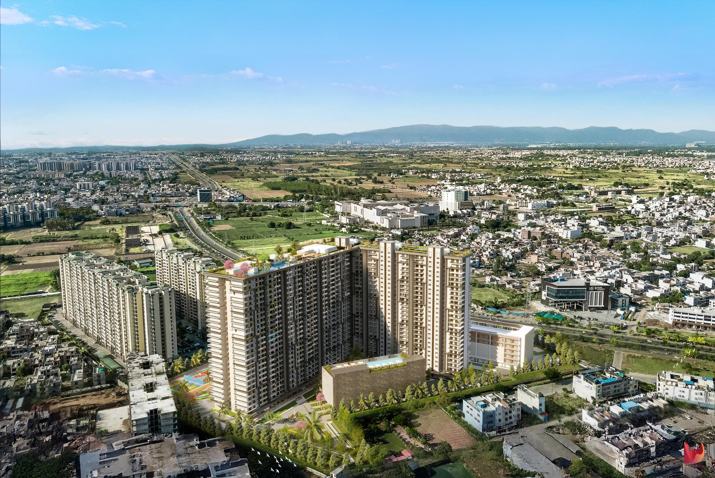 Aerial visualization of a large residential development within the surrounding city