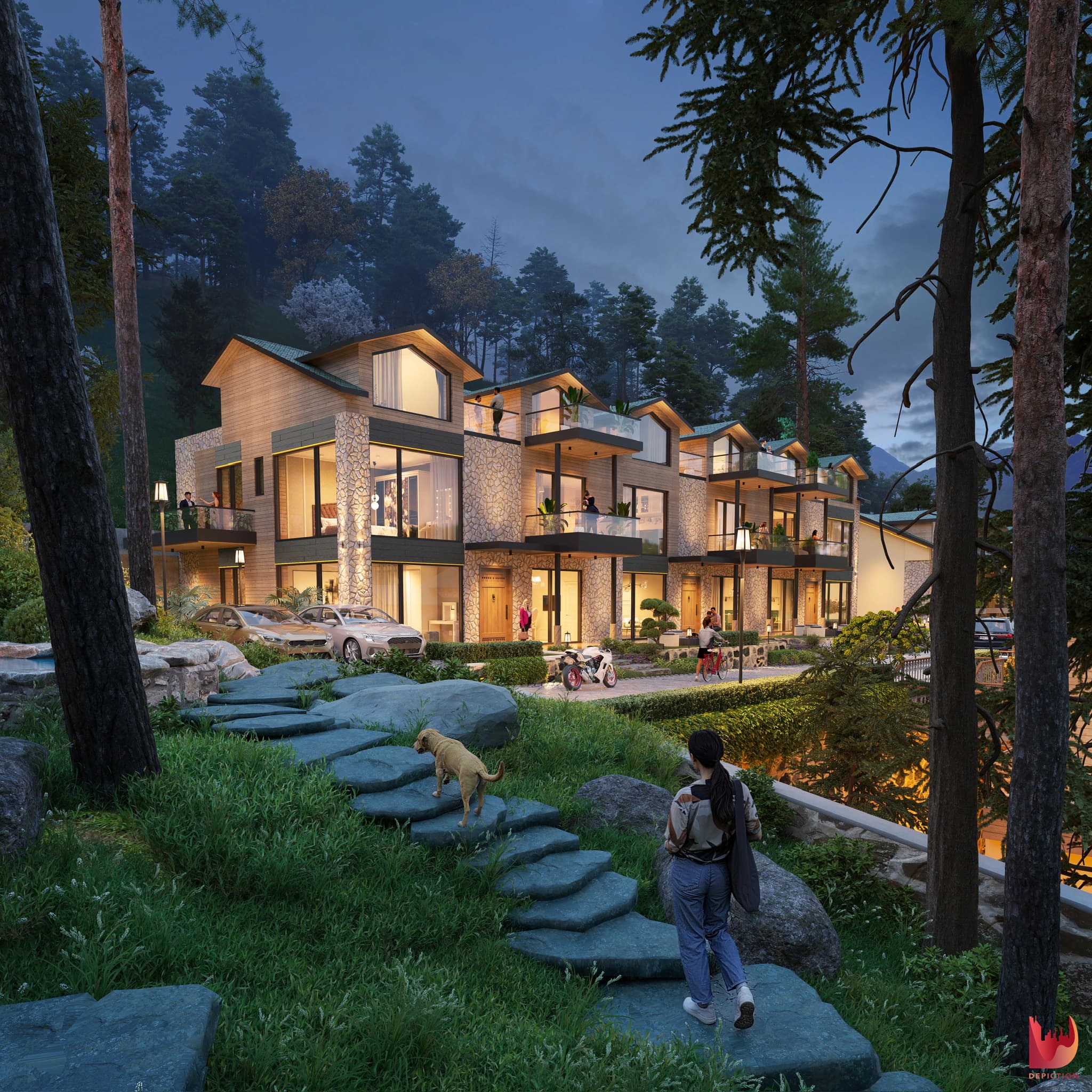 Aurelis low-rise villas with pitched roofs and illuminated glazing among forest trees