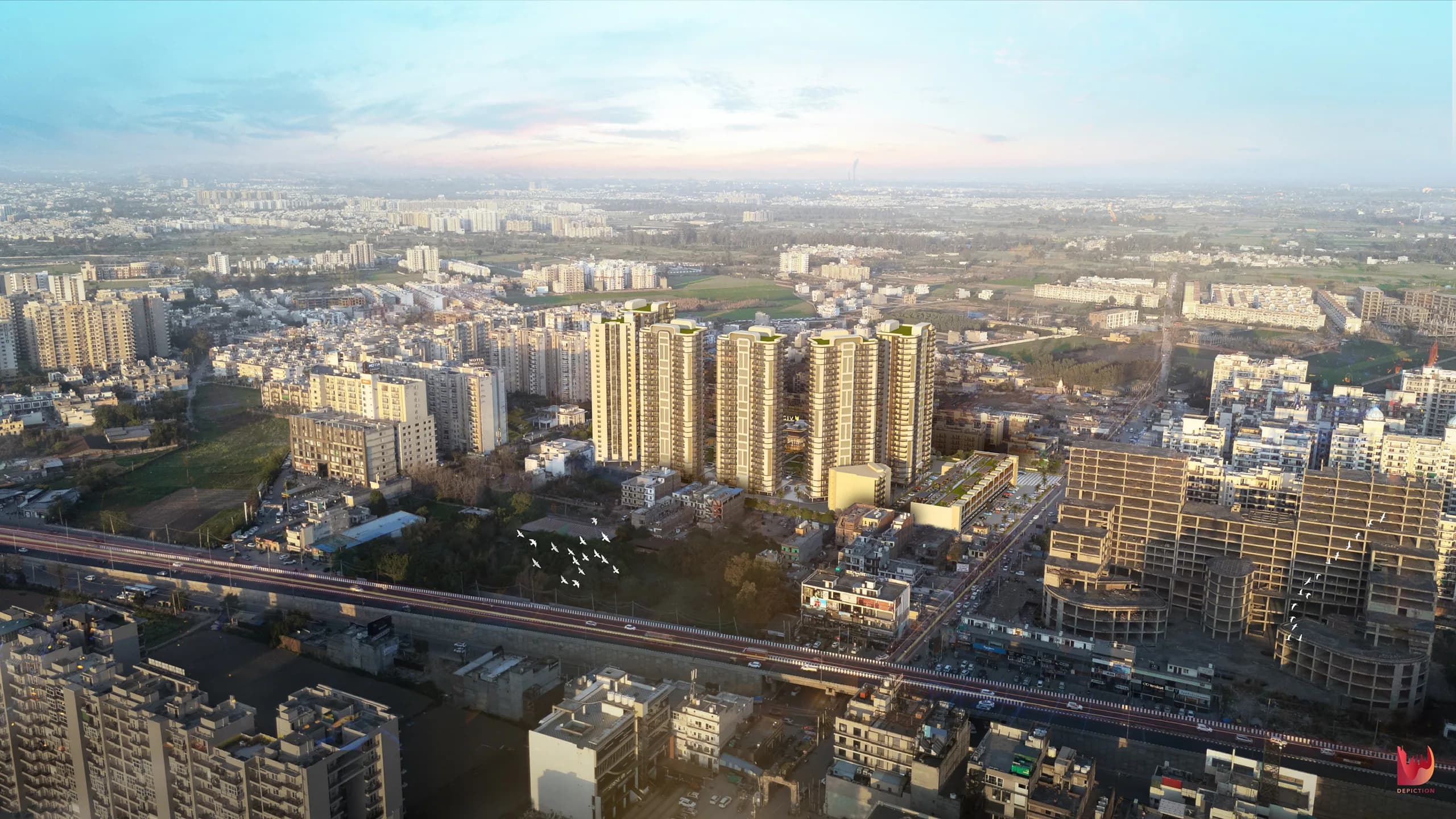 Wide aerial visualization of The Vibe residential development within the surrounding city